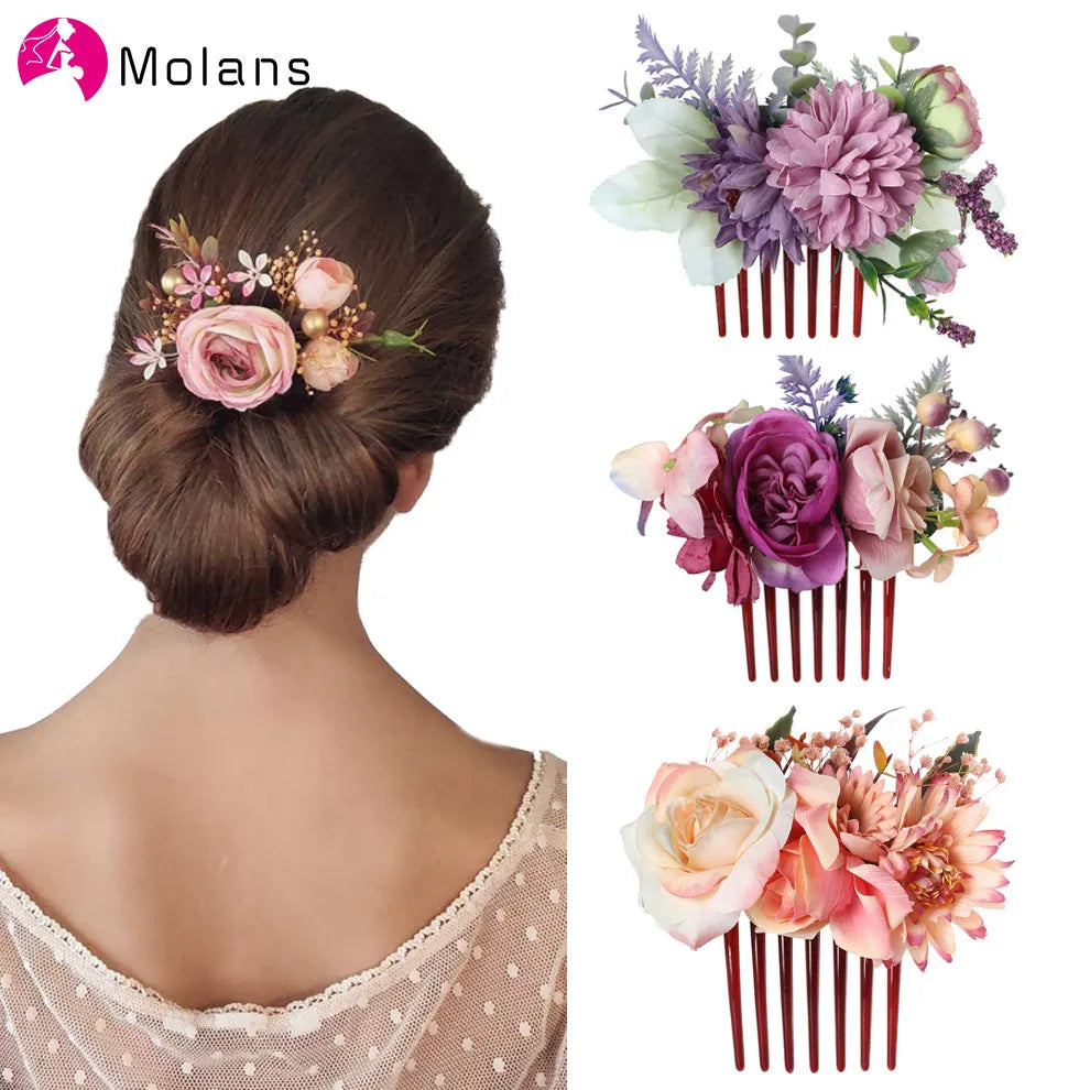 Molans Purple Cornflower Rose Hair Combs Beautiful Elegant Stimulation Flower Hair Comb Women Wedding Forest Photo Headpieces