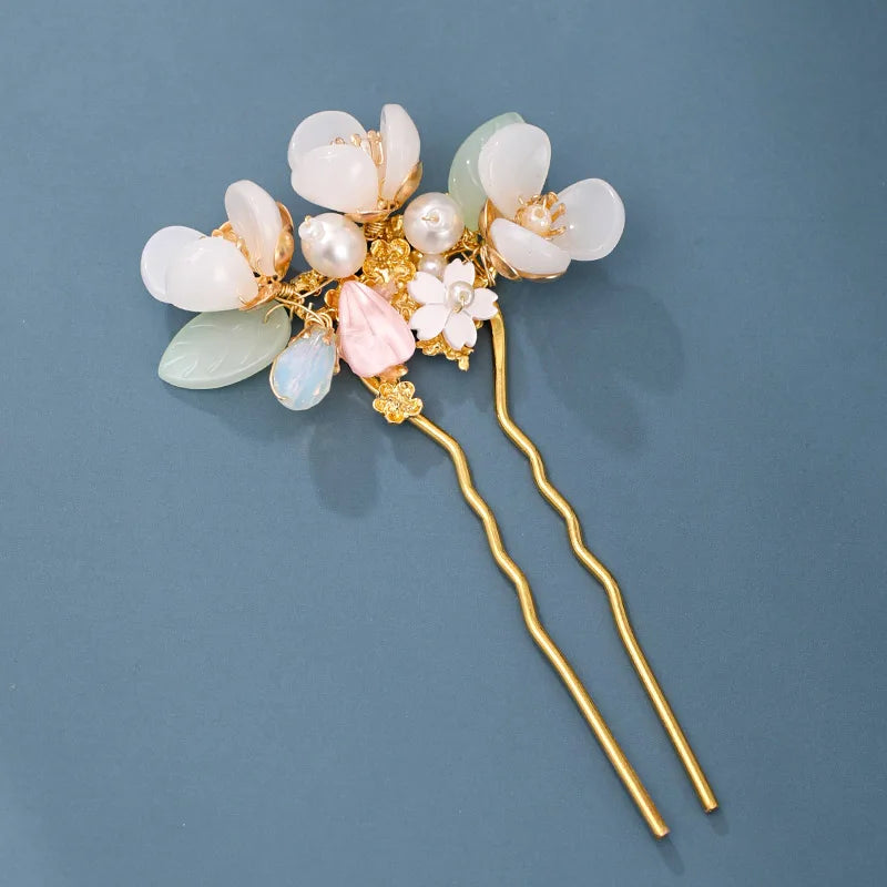 Vintage Hairpin Forks Hair Jewelry For Women Handmade U-shaped Pearl Flower Hair Stick Bride Wedding Hair Accessories Jewelry