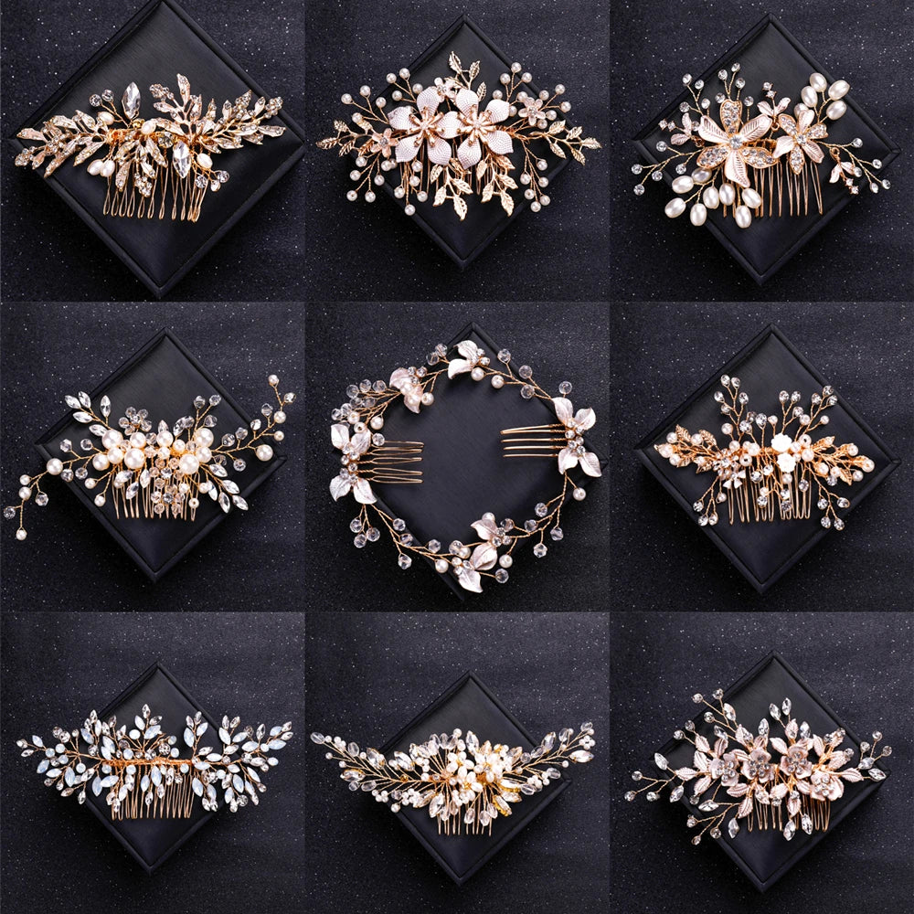 Gold Color Crystal Pearl Hair Comb Headband Tiara For Women Bride Party Bridal Wedding Hair Accessories Jewelry Comb Headband