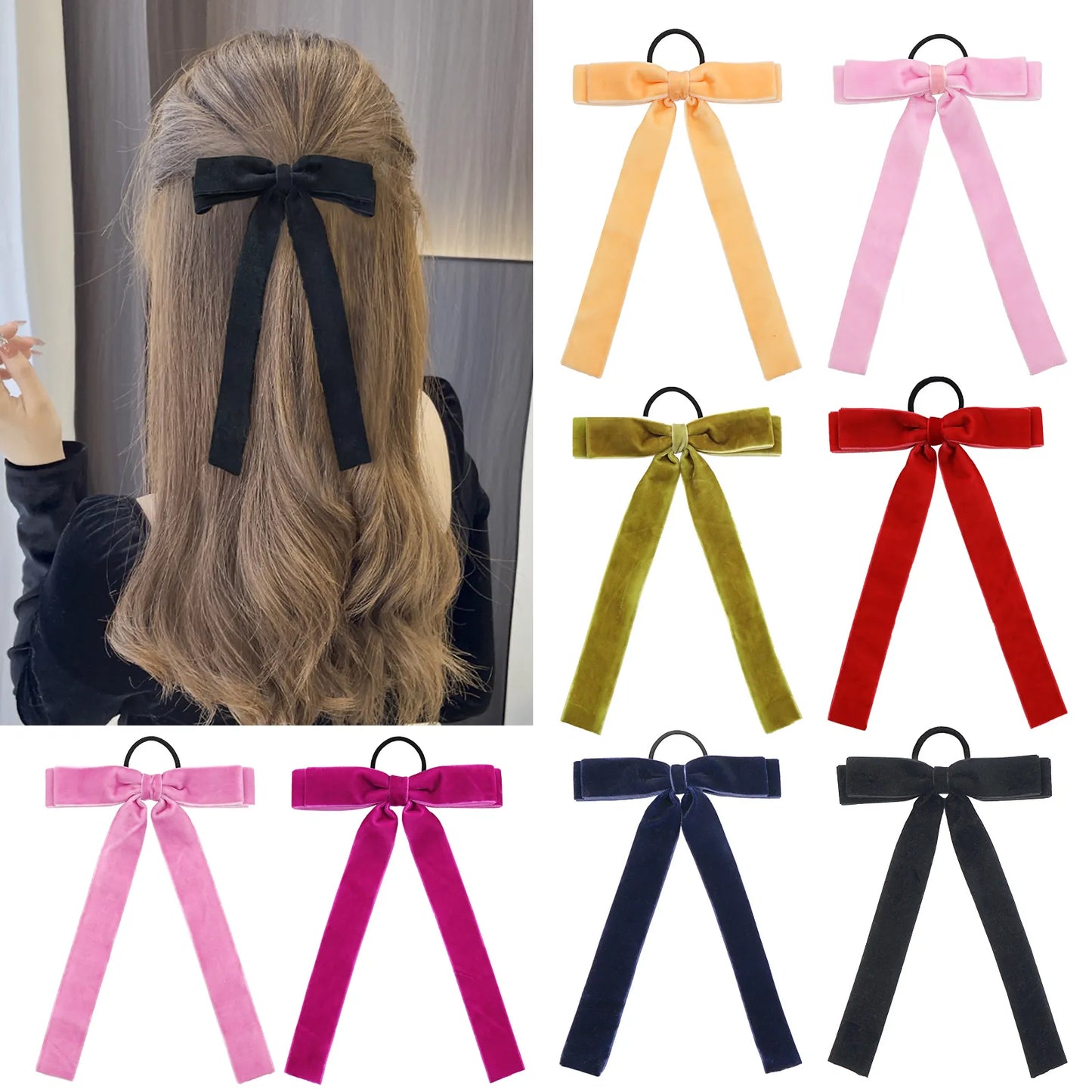 Velvet Cheer bow Large Big Bow Hair Ring Knotted Cheer bow Women Ponytail Hair Ties Solid Color Rubber Band Hair Accessories