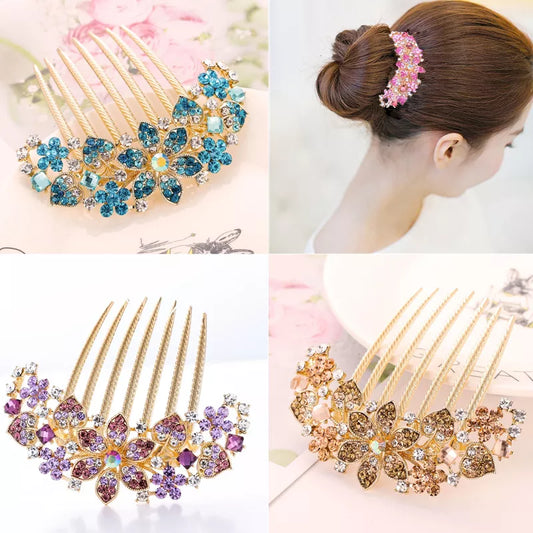 Korean Style Rhinestone Hollow Out Flower Colorful Hair Ornament Adult Hair Fork Exquisite Seven-tooth Comb fashion Headdress