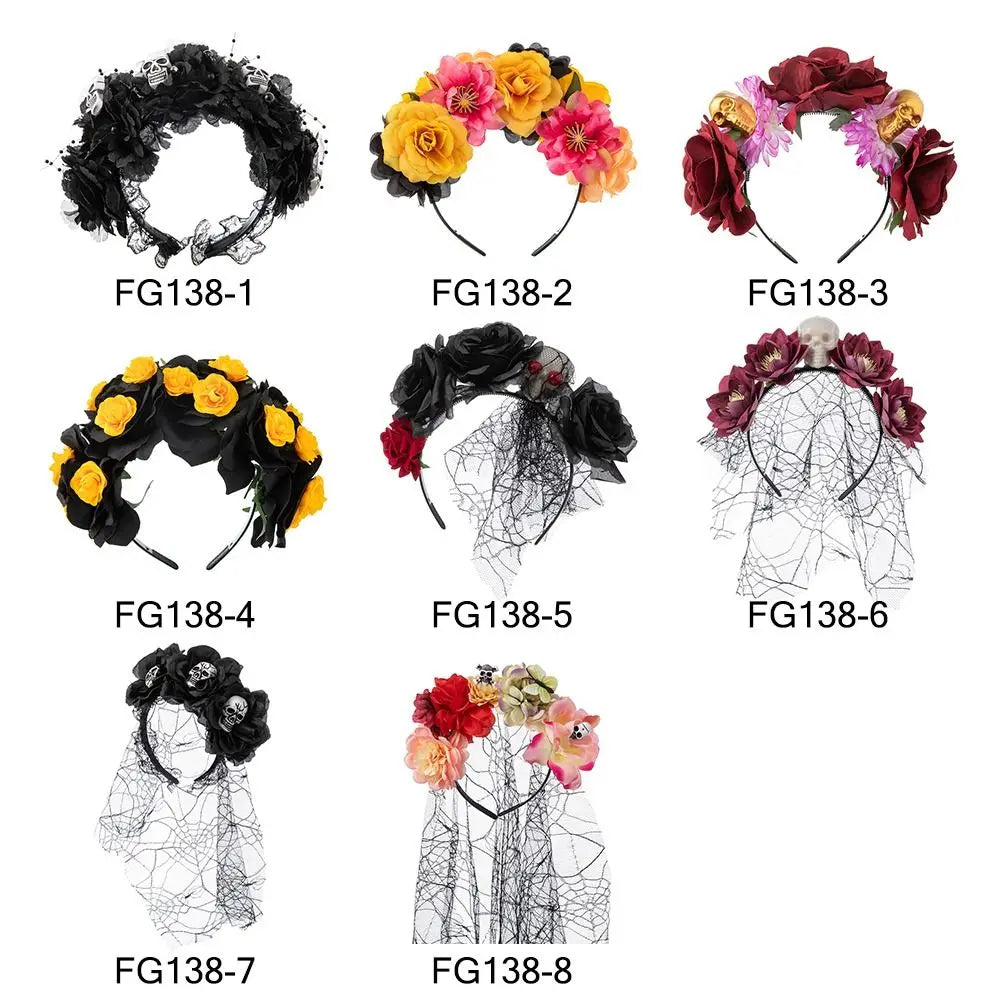 Day of The Dead Halloween Rose Flower Headband Fashion Black Veil Costume Cosplay Flower Headpiece Party Wedding Headwear Women