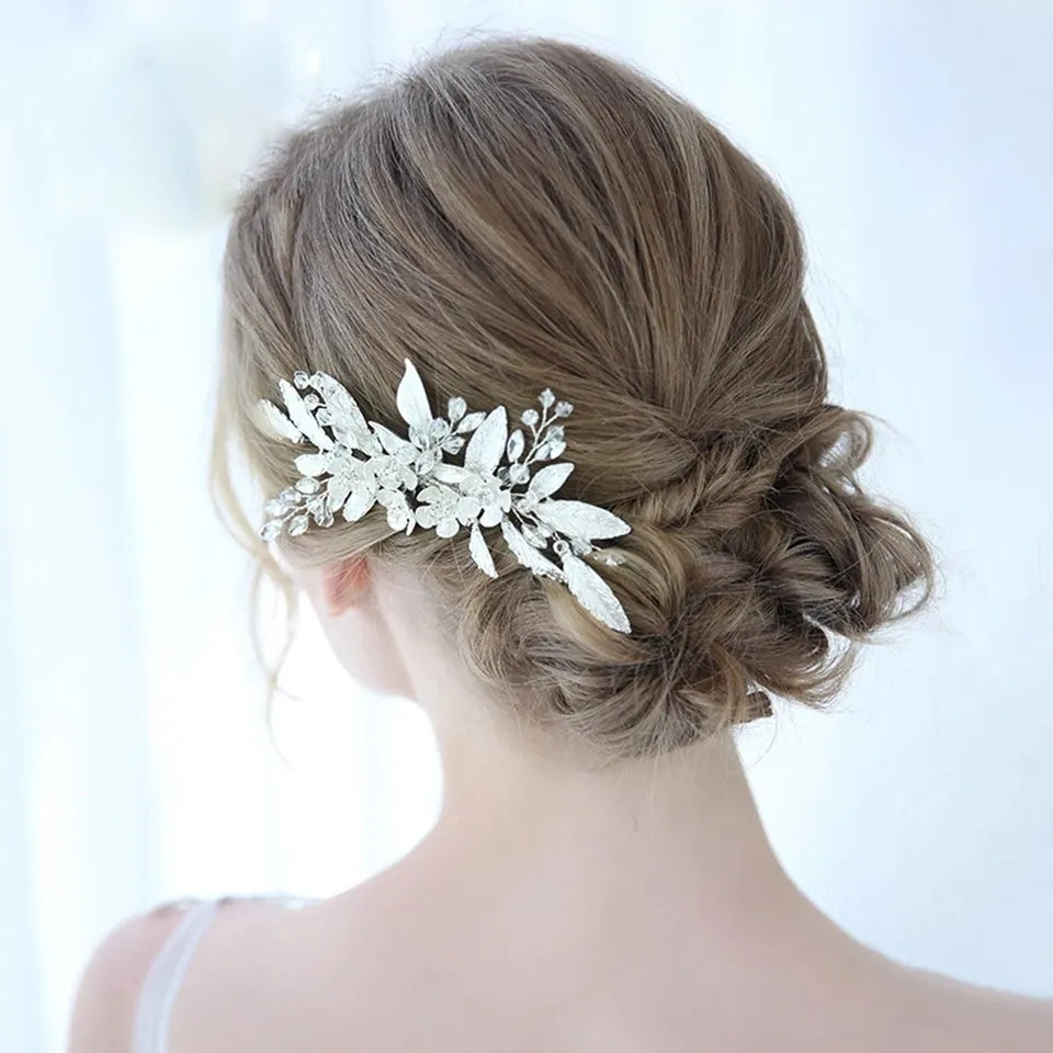 Trendy Handmade Tiara Wedding Hair Comb Leaf Flower Bridal Hairpins Pearl Rhinestone Head Jewelry Girls Wedding Hair Accessories