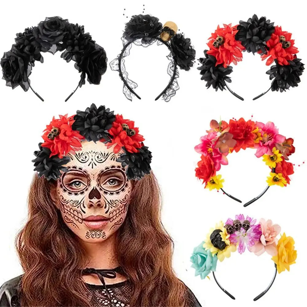 Day of The Dead Halloween Rose Flower Headband Fashion Black Veil Costume Cosplay Flower Headpiece Party Wedding Headwear Women